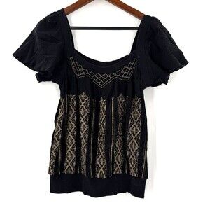 FREE PEOPLE Top Black Gauzy Cotton Pullover Flutter Sleeve Embroidery SIZE 10